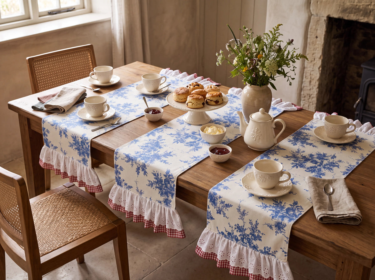 French Cottage Tasarım Mavi Kırmızı Pötikare Runner
