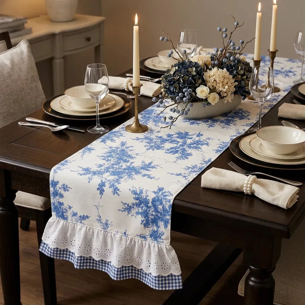 French Cottage Tasarım Mavi Fransız - Mavi Pötikare Runner