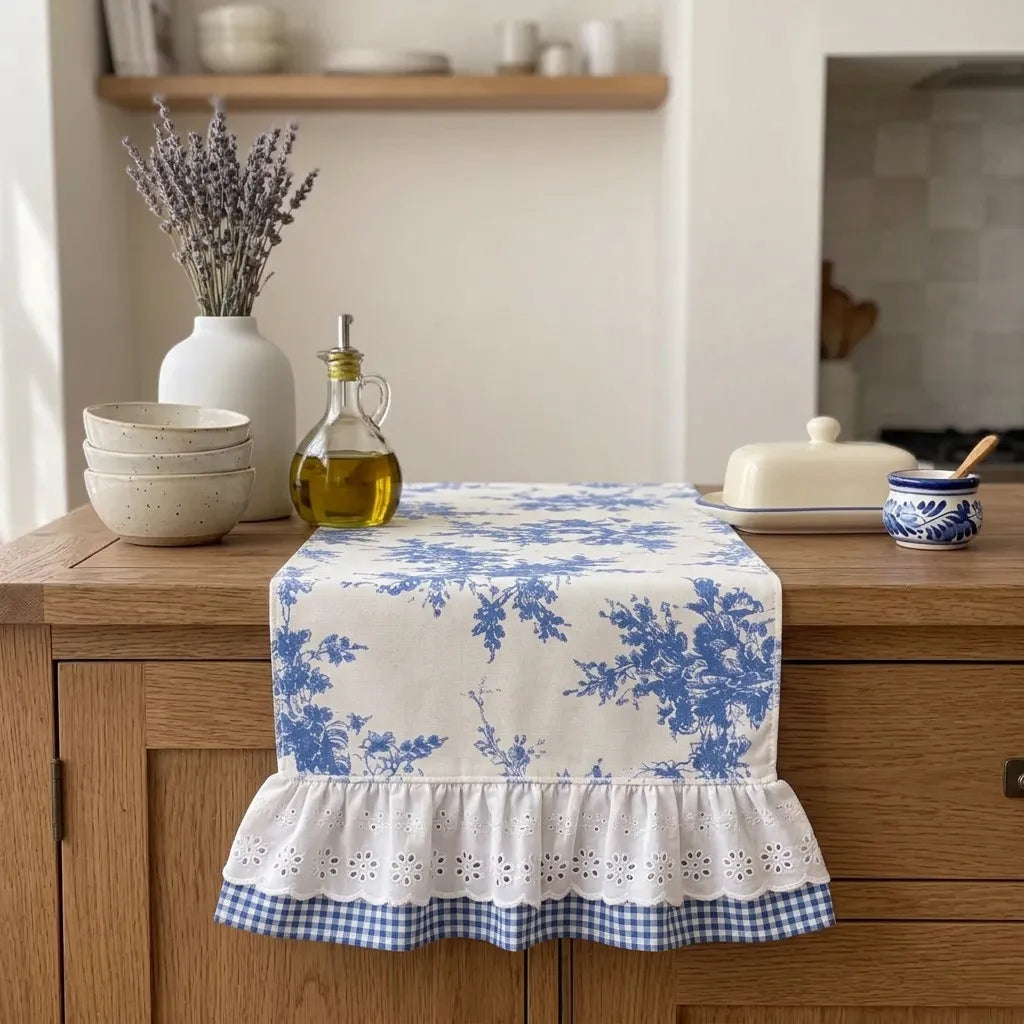 French Cottage Tasarım Mavi Fransız - Mavi Pötikare Runner