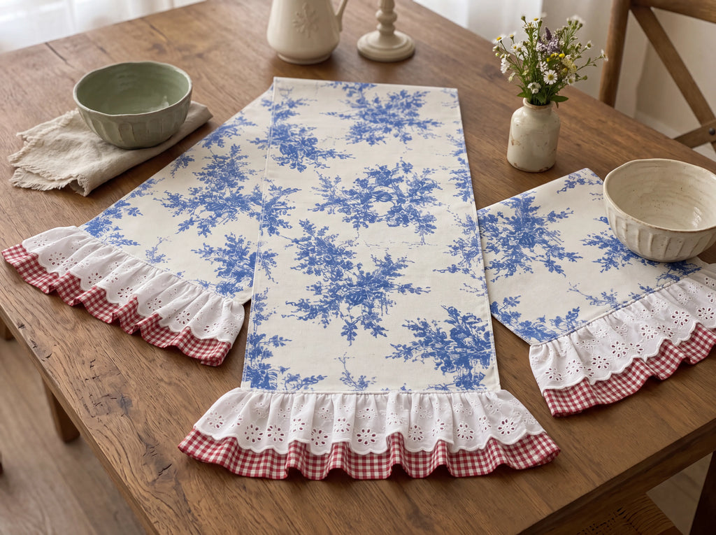 French Cottage Tasarım Mavi Kırmızı Pötikare Runner