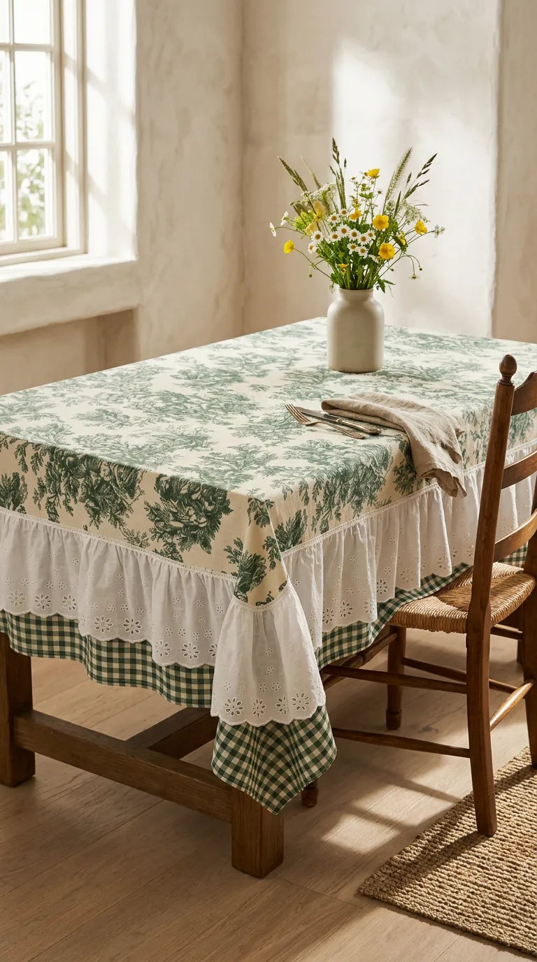 French Cottage Premium Dizayn Premium Yeşil Masa Örtüsü