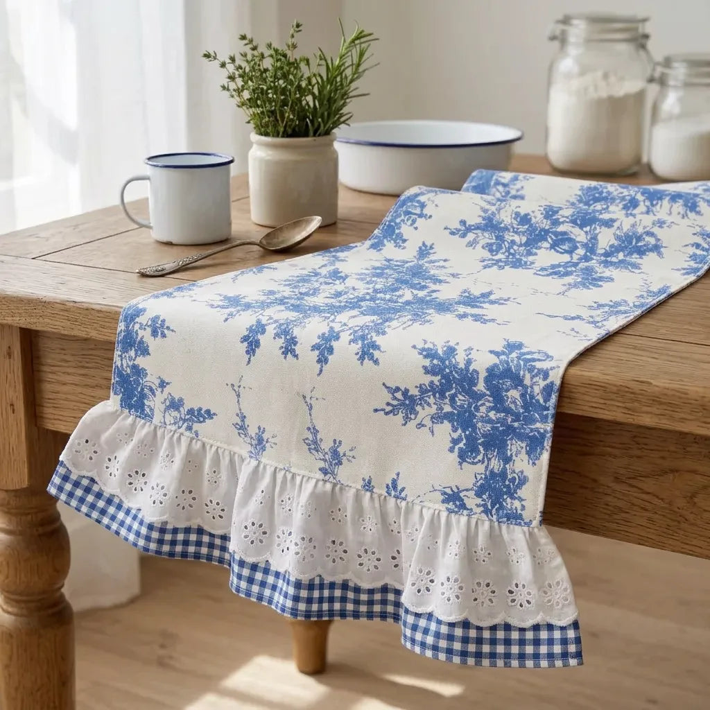 French Cottage Tasarım Mavi Fransız - Mavi Pötikare Runner