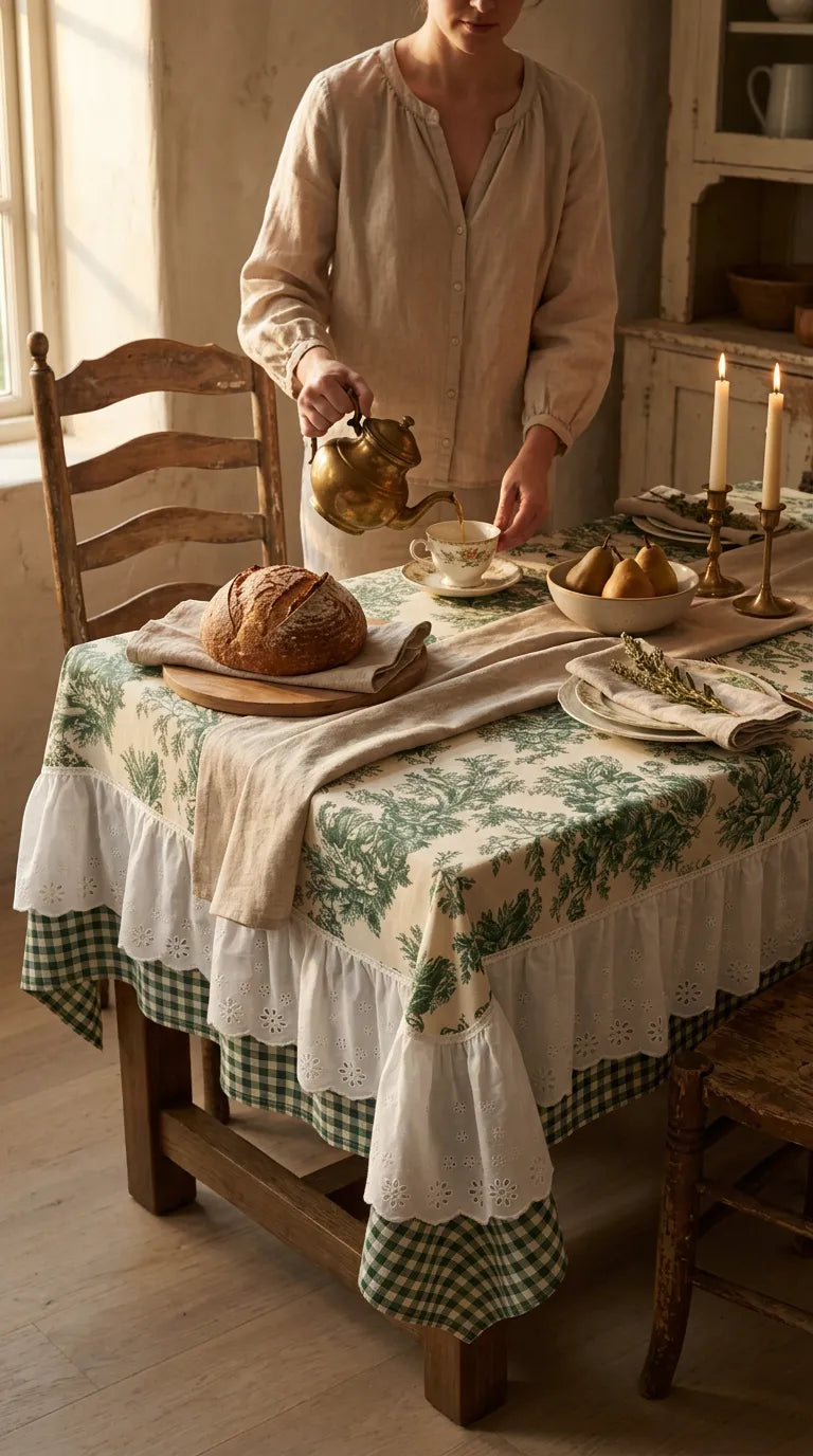 French Cottage Premium Dizayn Premium Yeşil Masa Örtüsü