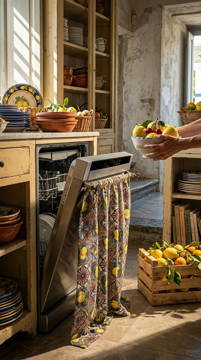 Mıknatıslı Bulaşık-Çamaşır-Kurutma Makinesi Perdesi Limon Bahçesi (Sarı Limonlı Akdeniz Deseni)