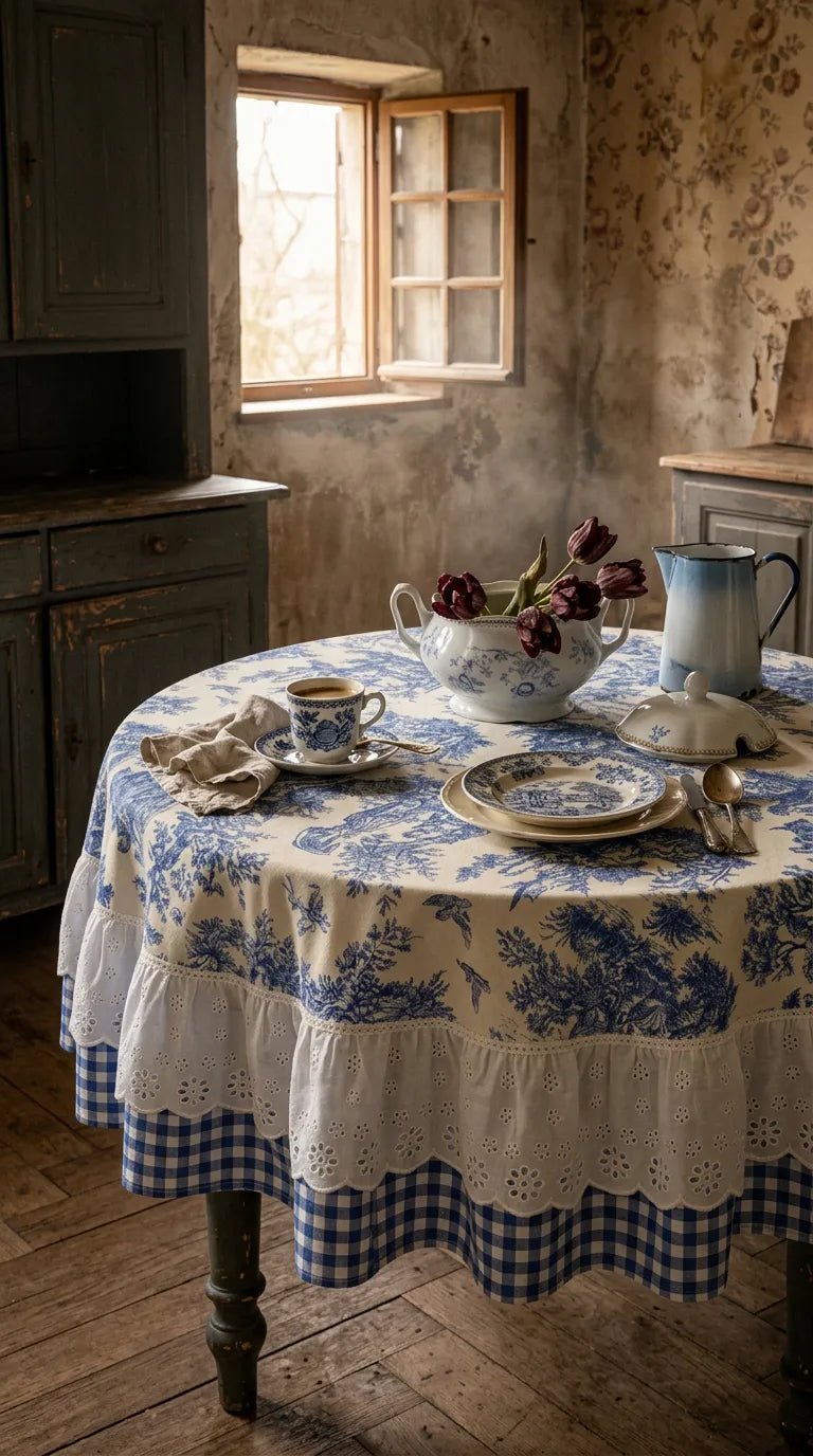 French Cottage Premium Dizayn Premium Mavi Masa Örtüsü YUVARLAK