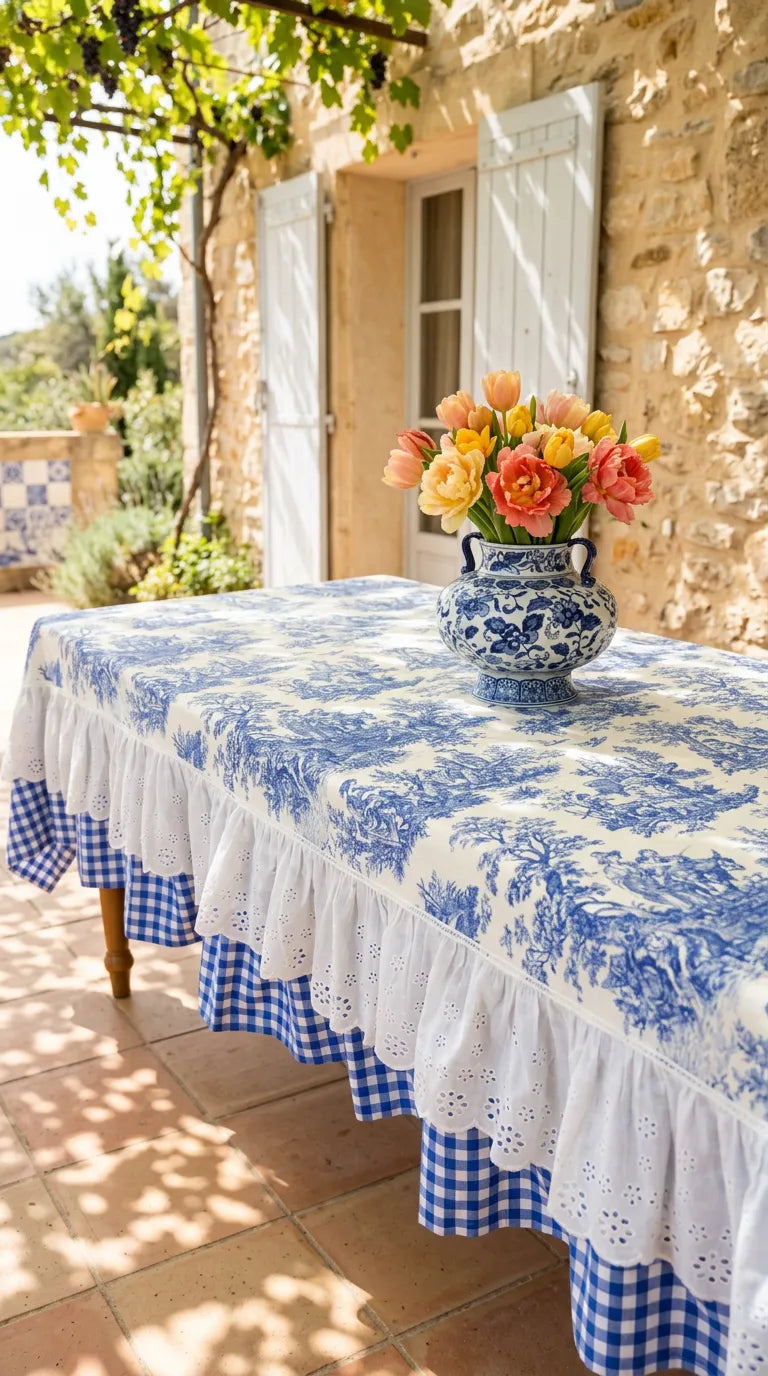 French Cottage Premium Dizayn Premium Mavi Masa Örtüsü