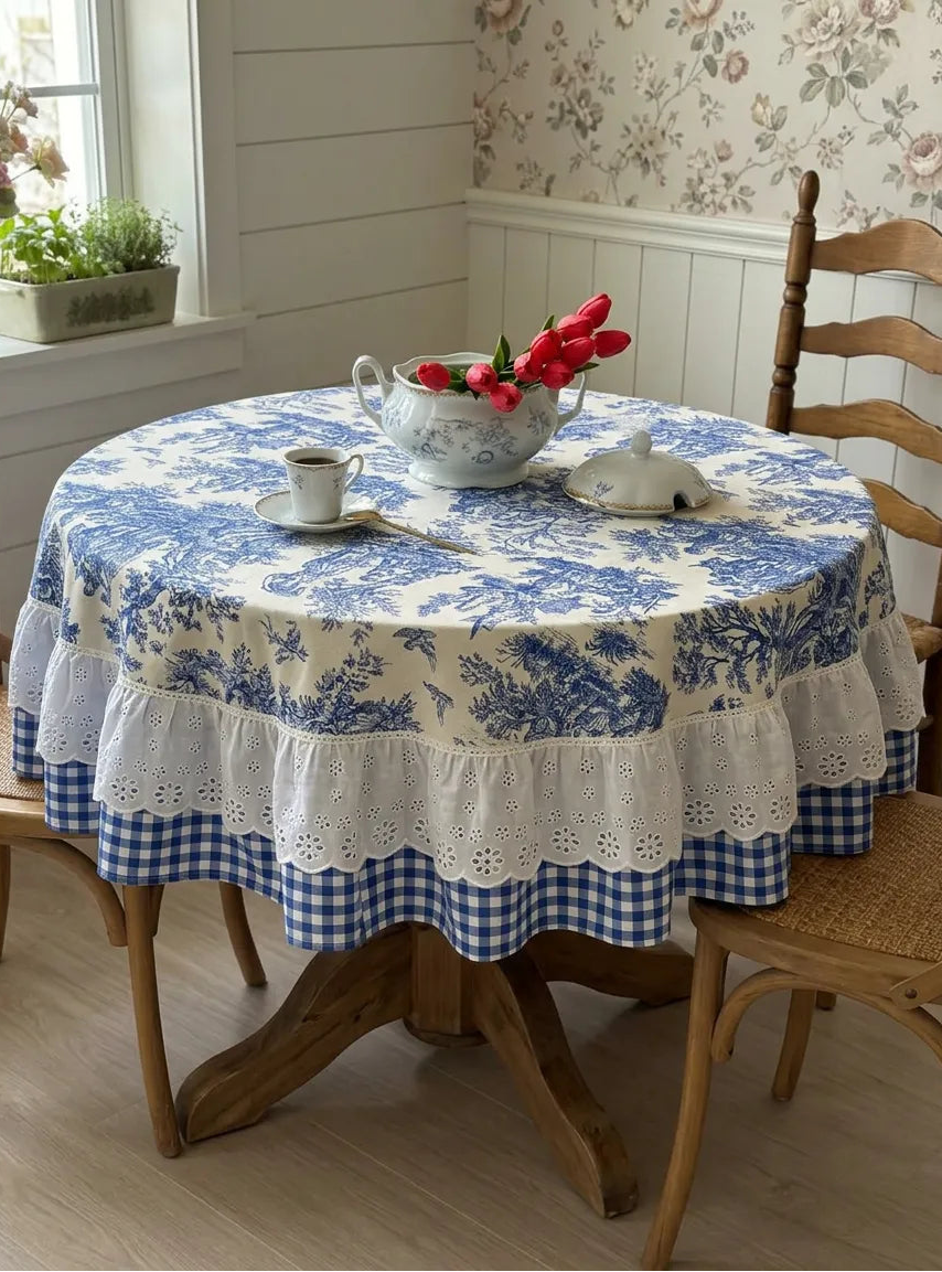 French Cottage Premium Dizayn Premium Mavi Masa Örtüsü YUVARLAK