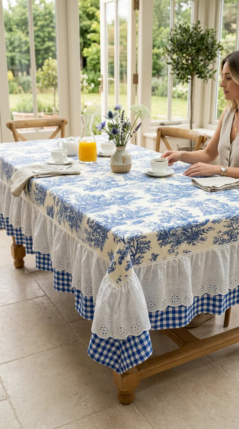 French Cottage Premium Dizayn Premium Mavi Masa Örtüsü
