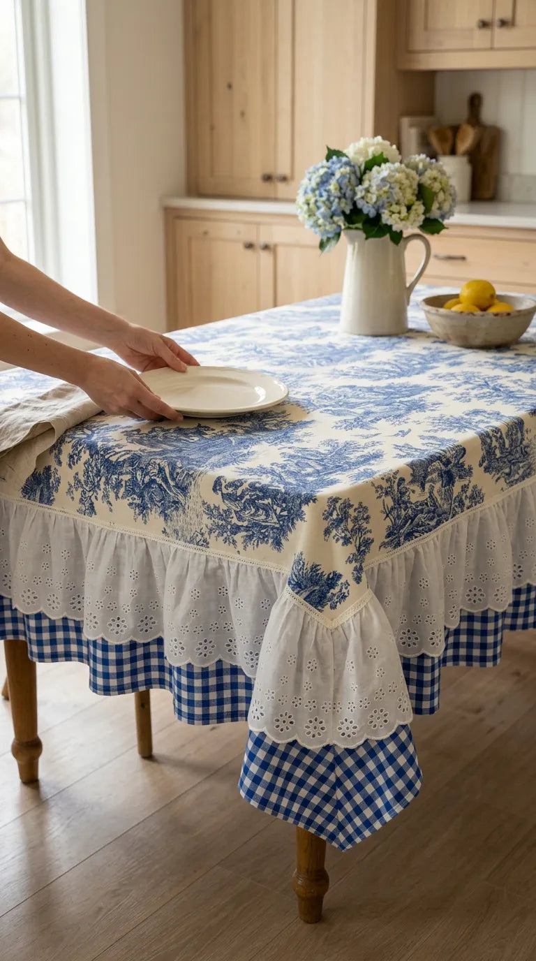 French Cottage Premium Dizayn Premium Mavi Masa Örtüsü