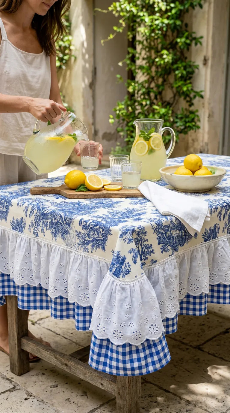 French Cottage Premium Dizayn Premium Mavi Masa Örtüsü