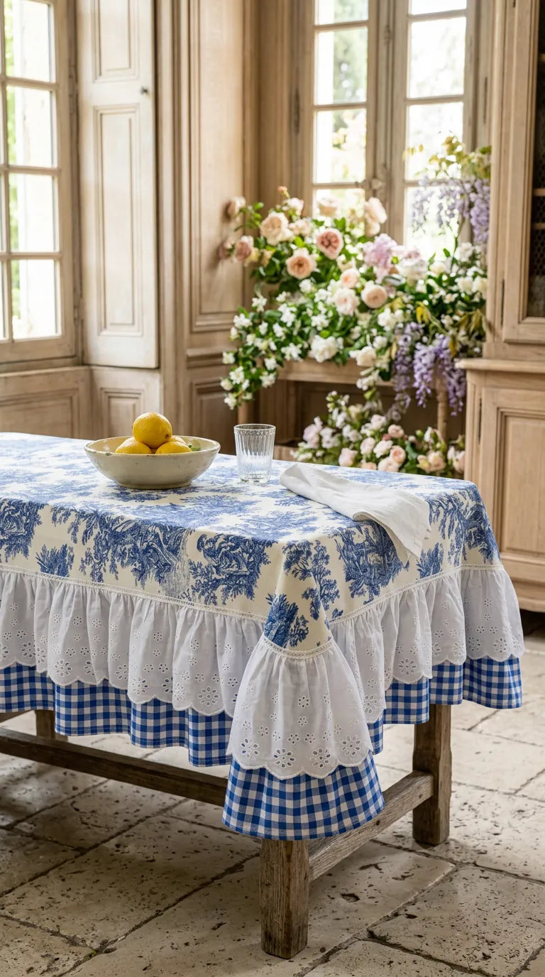French Cottage Premium Dizayn Premium Mavi Masa Örtüsü
