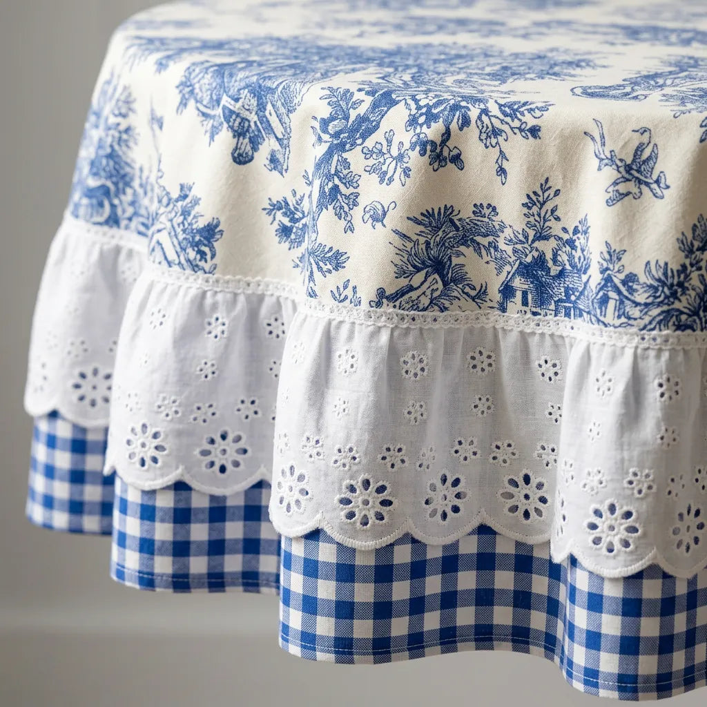 French Cottage Premium Dizayn Premium Mavi Masa Örtüsü YUVARLAK