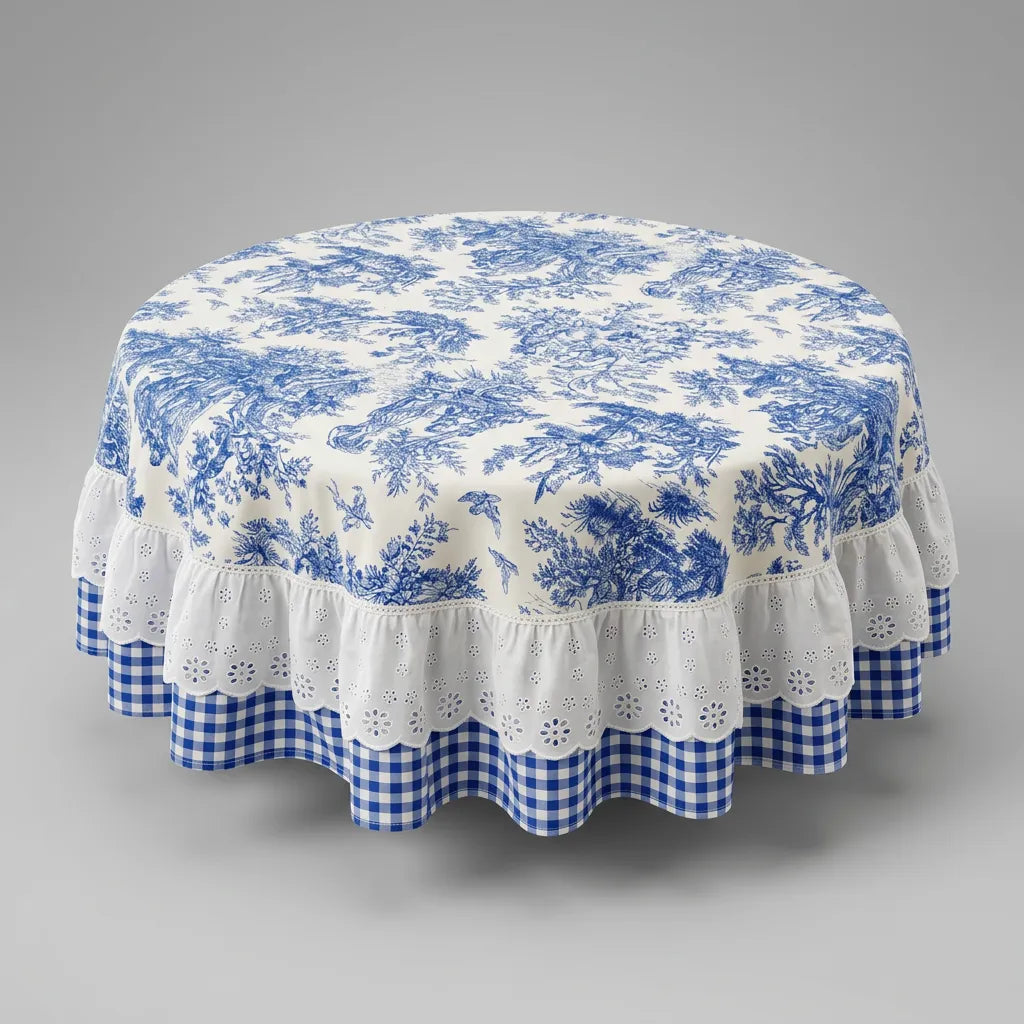 French Cottage Premium Dizayn Premium Mavi Masa Örtüsü YUVARLAK