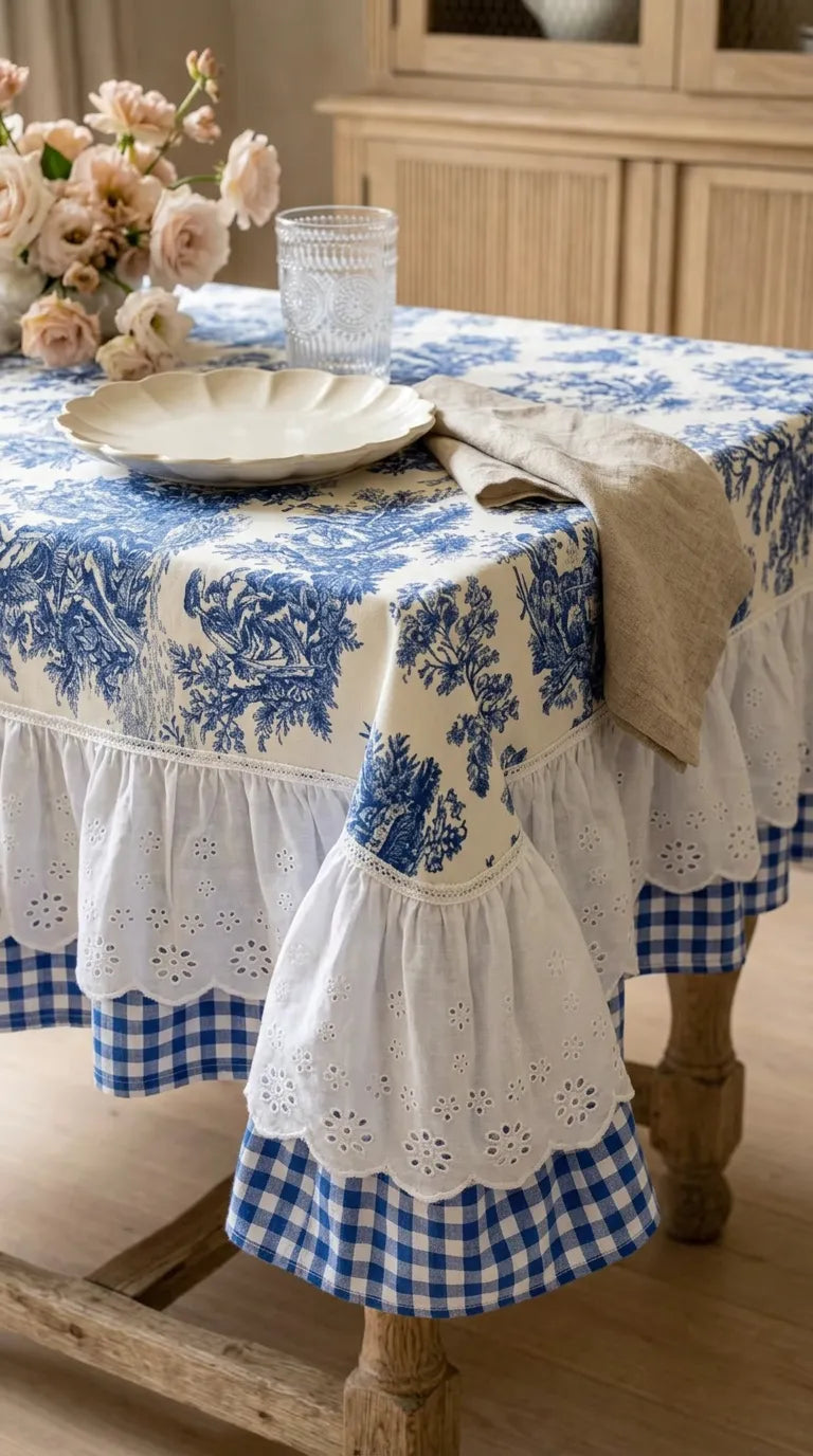 French Cottage Premium Dizayn Premium Mavi Masa Örtüsü