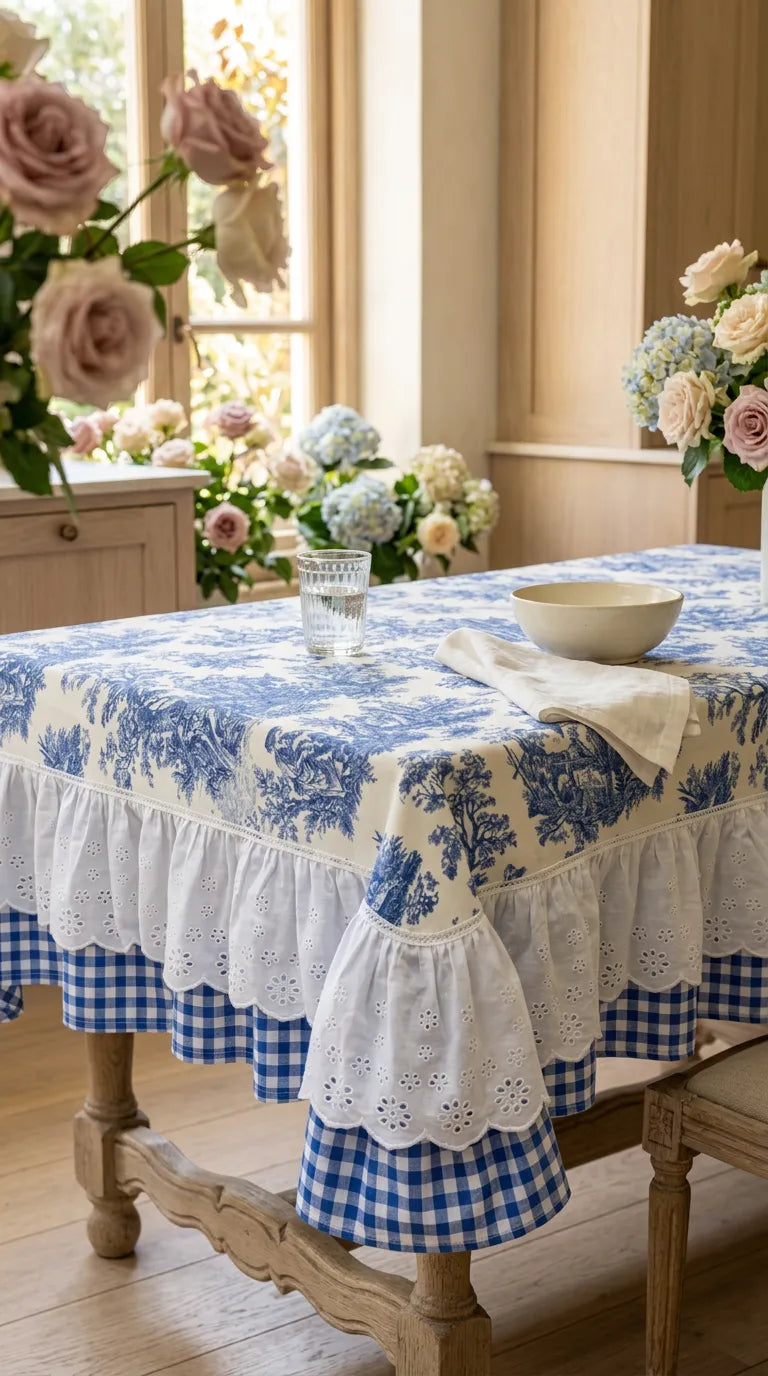 French Cottage Premium Dizayn Premium Mavi Masa Örtüsü