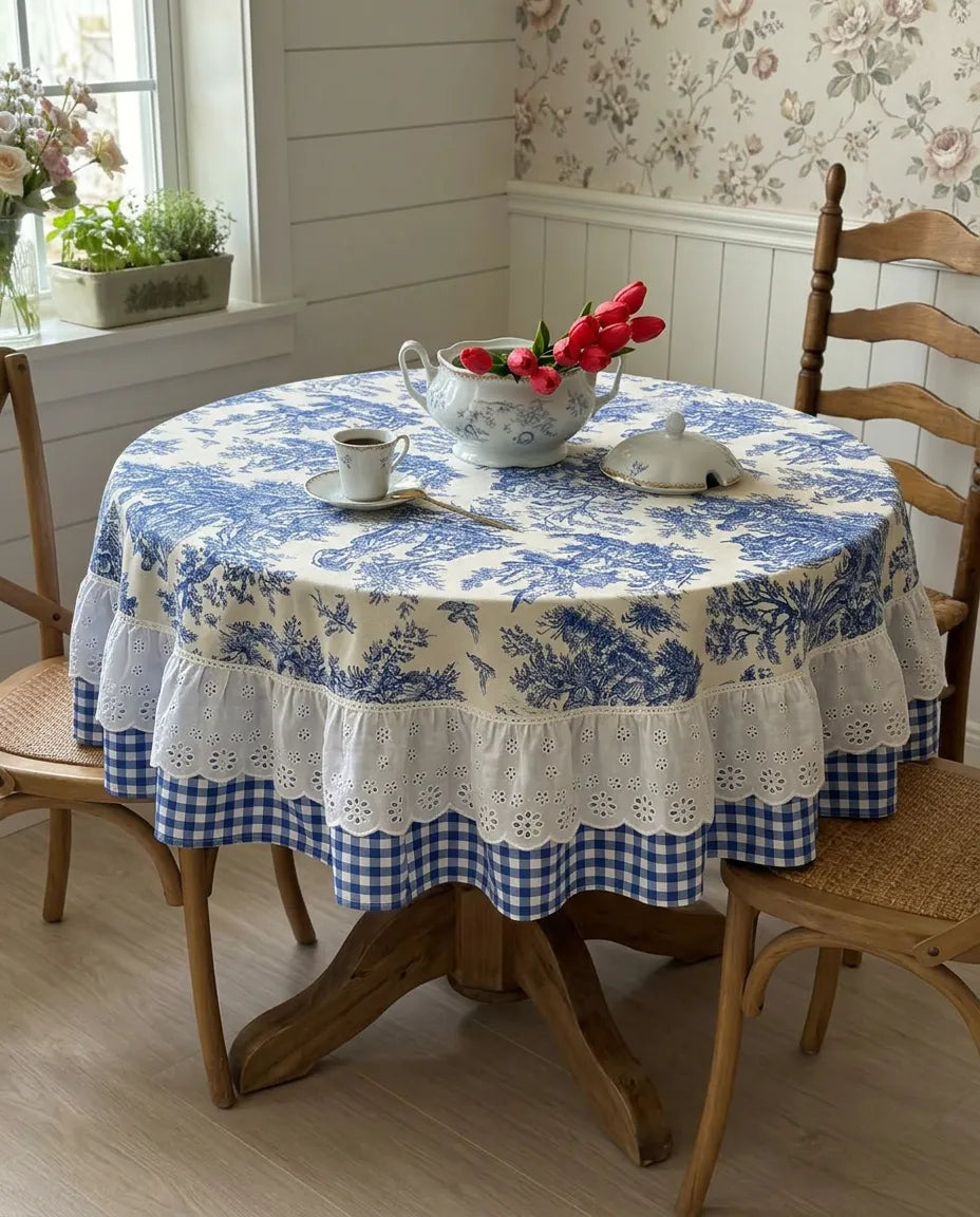 French Cottage Premium Dizayn Premium Mavi Masa Örtüsü YUVARLAK