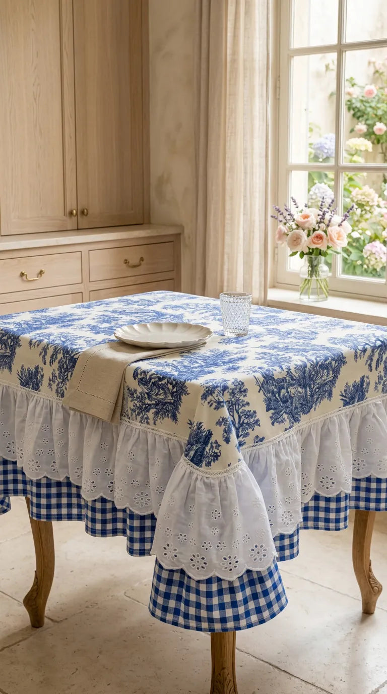 French Cottage Premium Dizayn Premium Mavi Masa Örtüsü
