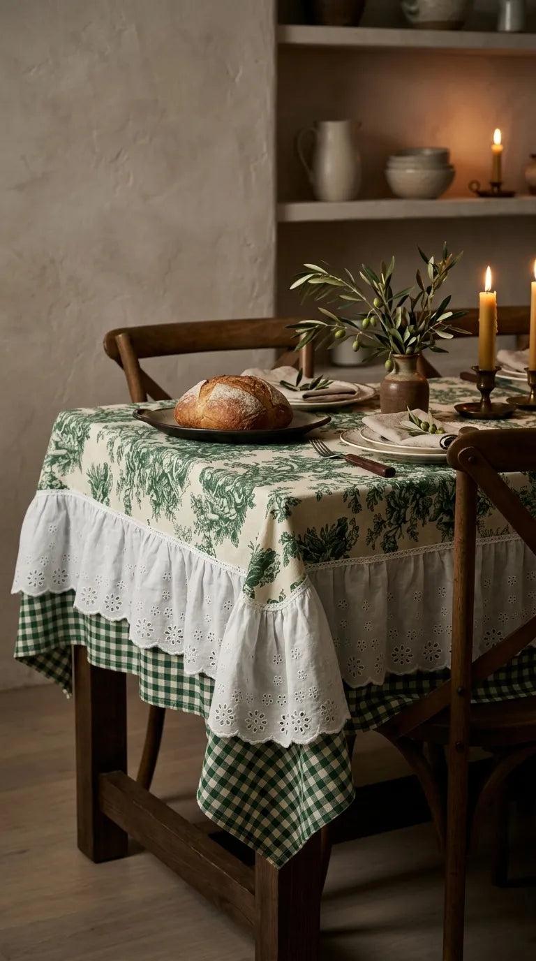 French Cottage Premium Dizayn Premium Yeşil Masa Örtüsü