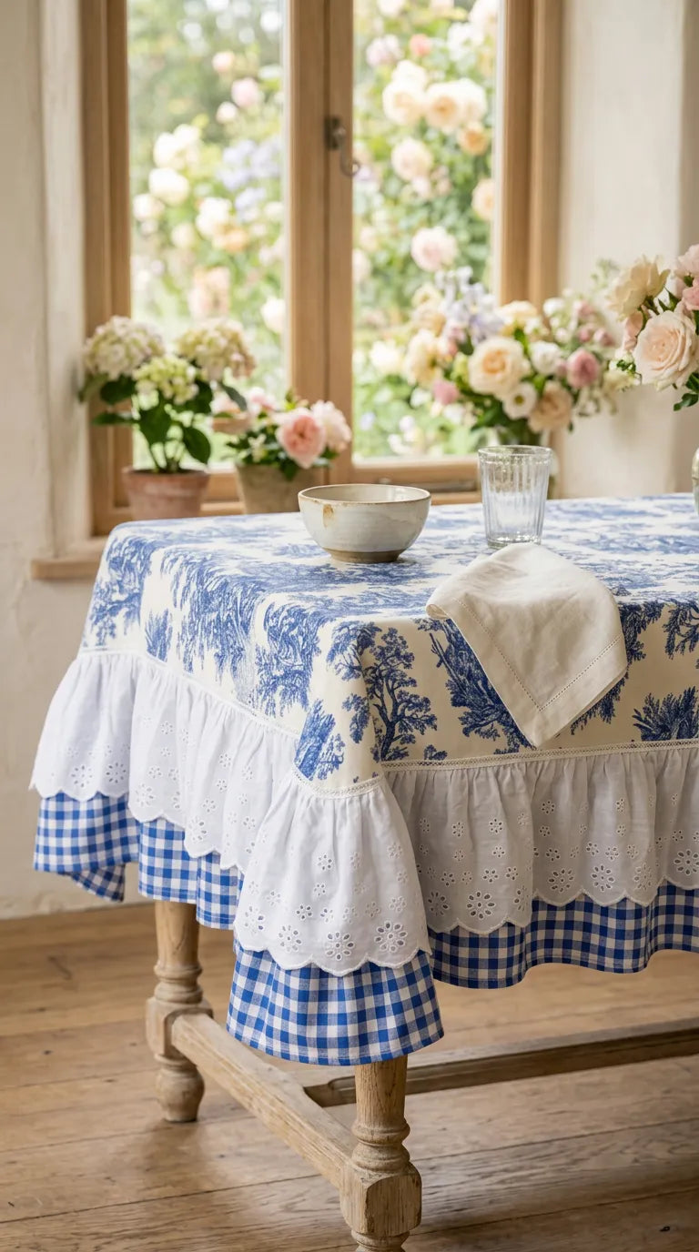 French Cottage Premium Dizayn Premium Mavi Masa Örtüsü