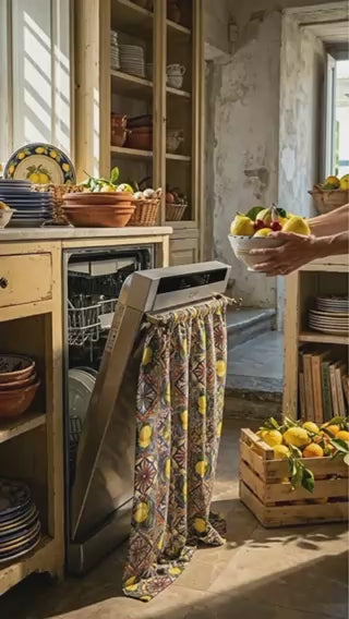 Mıknatıslı Bulaşık-Çamaşır-Kurutma Makinesi Perdesi Limon Bahçesi (Sarı Limonlı Akdeniz Deseni)