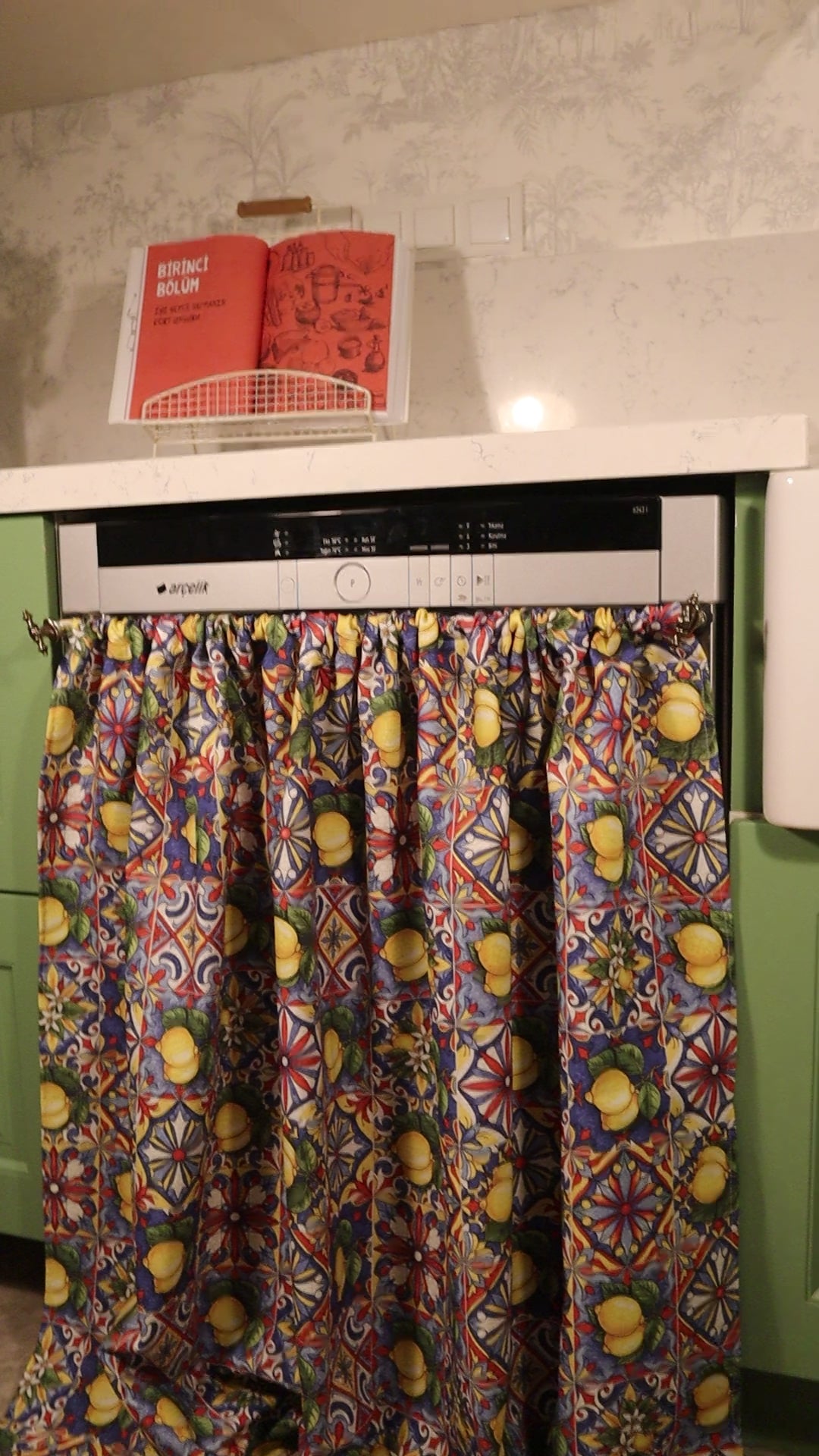Mıknatıslı Bulaşık-Çamaşır-Kurutma Makinesi Perdesi Limon Bahçesi (Sarı Limonlı Akdeniz Deseni)